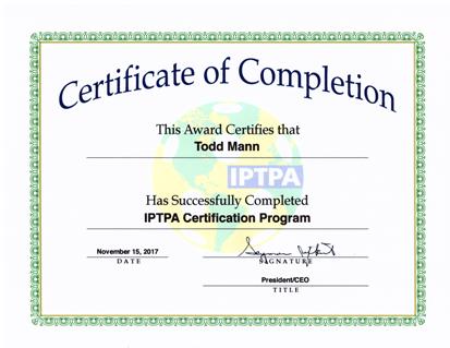 IPTPA Certificate Awarded to Todd
